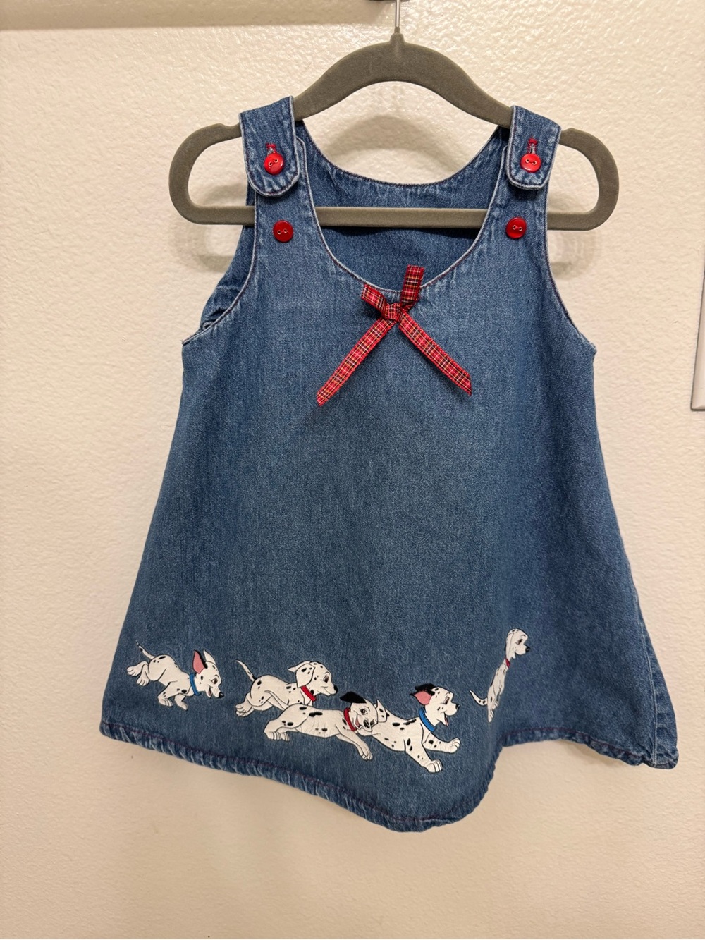 Vintage 101 Denim Pinafore Dress with Dalmatian Print and Red Bow